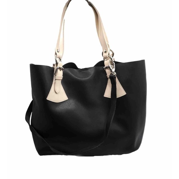 PULICATI Black Genuine Leather Tote Bag Made in Italy Beige Strap Accent 39-14 - Picture 7 of 10